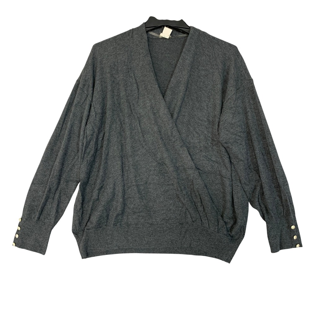 Chico's Women's L/ 2 Gray Wrap Sweater Cashmere Blend Rhinestone Cuffs
